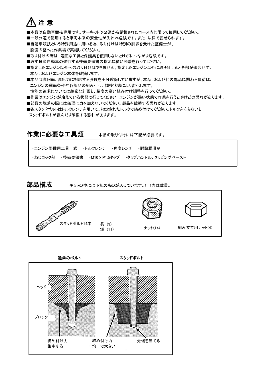 作業に必要な工具類, 部品構成 | Tomei Powered RB26DETT MAIN STUD BOLTS User Manual | Page 2 / 8