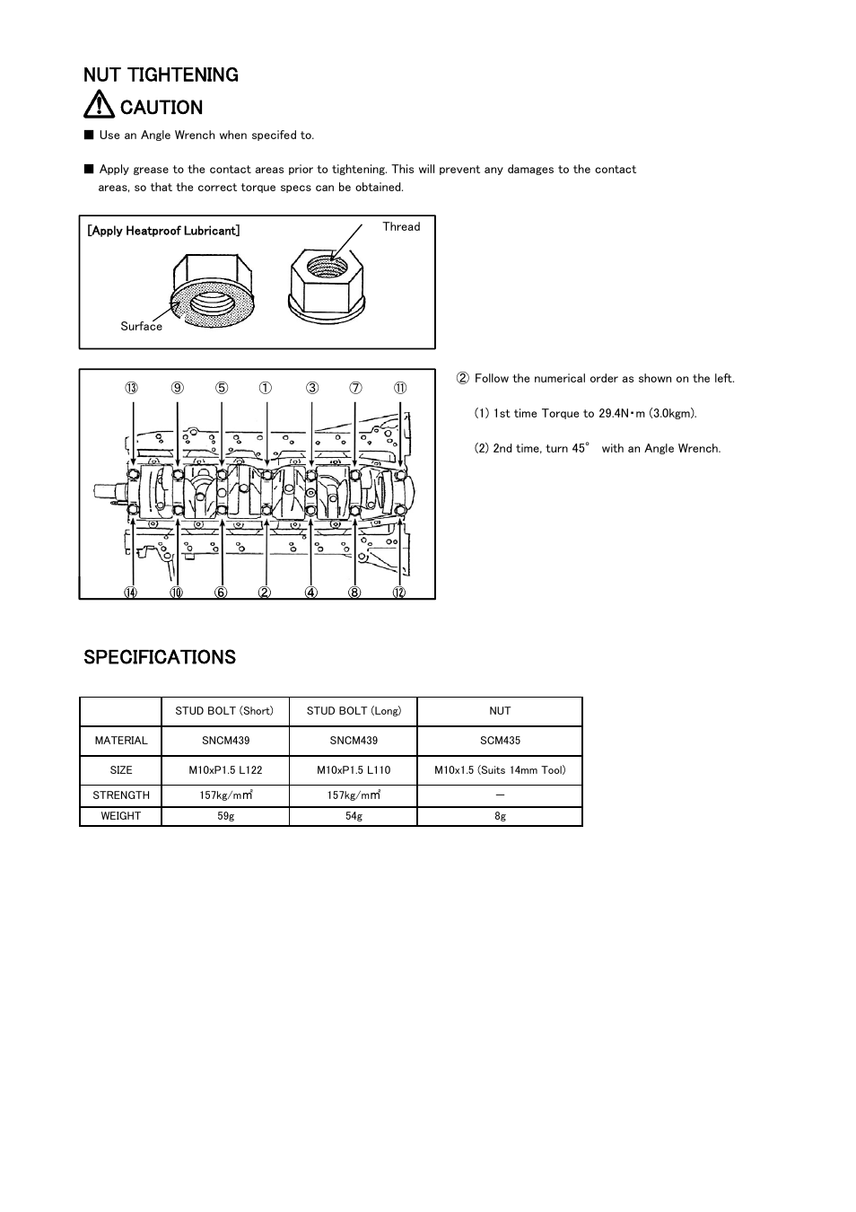 Nut tightening caution, Specifications | Tomei Powered RB26DETT MAIN STUD BOLTS User Manual | Page 7 / 8