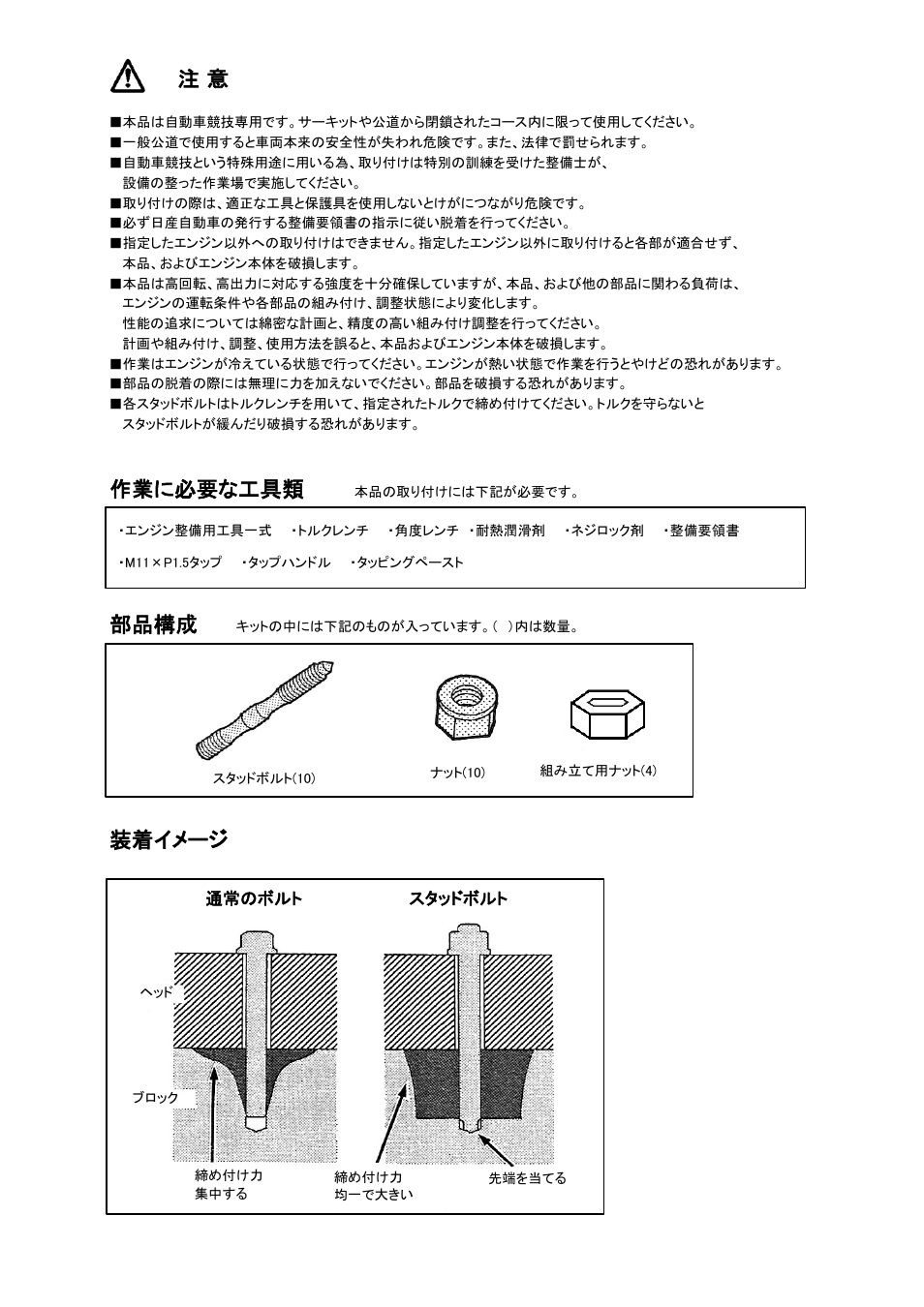 作業に必要な工具類, 部品構成, 装着イメージ | Tomei Powered SR20DE(T) HEAD STUD BOLTS User Manual | Page 2 / 12