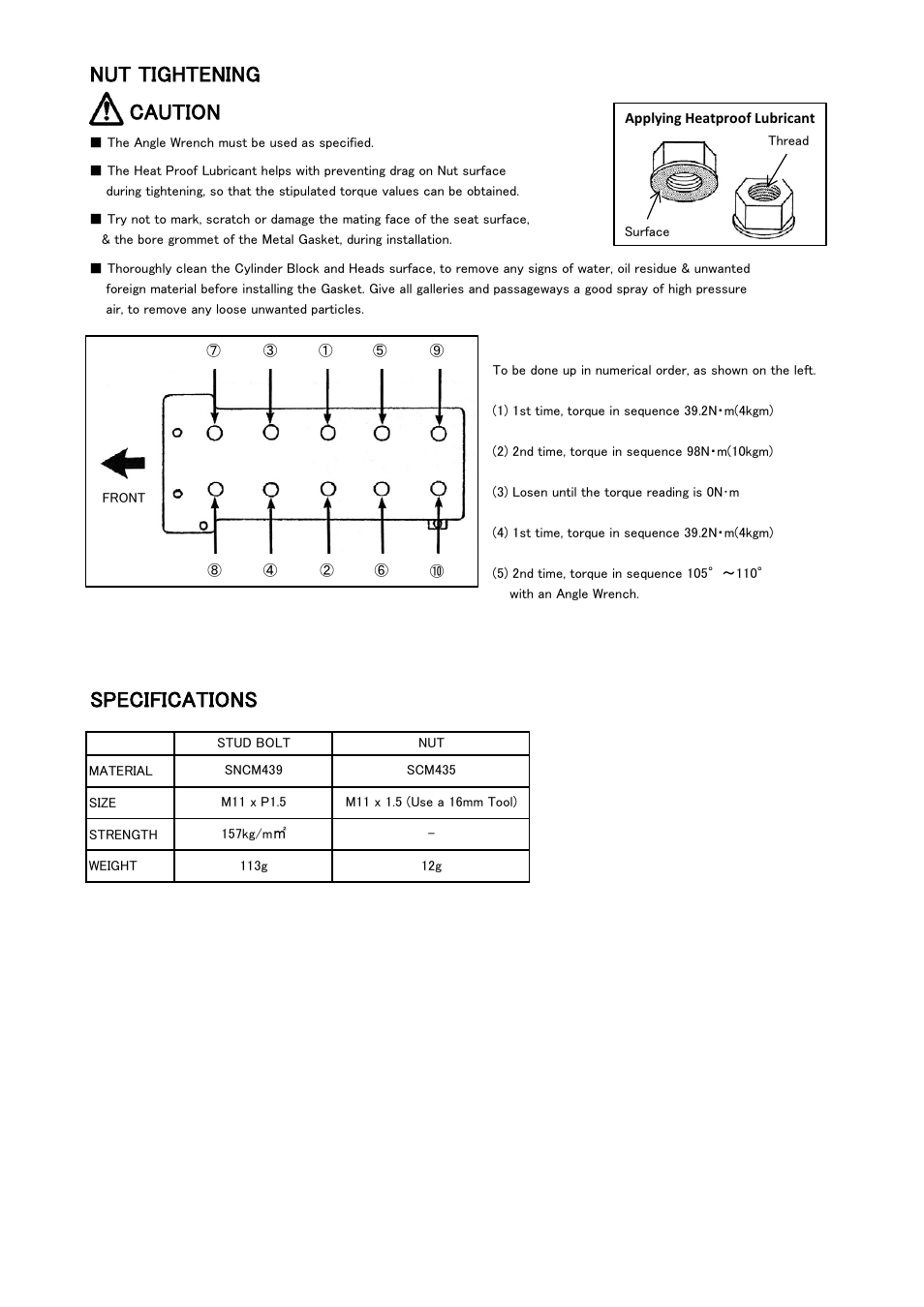 Nut tightening caution, Specifications | Tomei Powered SR20DE(T) HEAD STUD BOLTS User Manual | Page 9 / 12