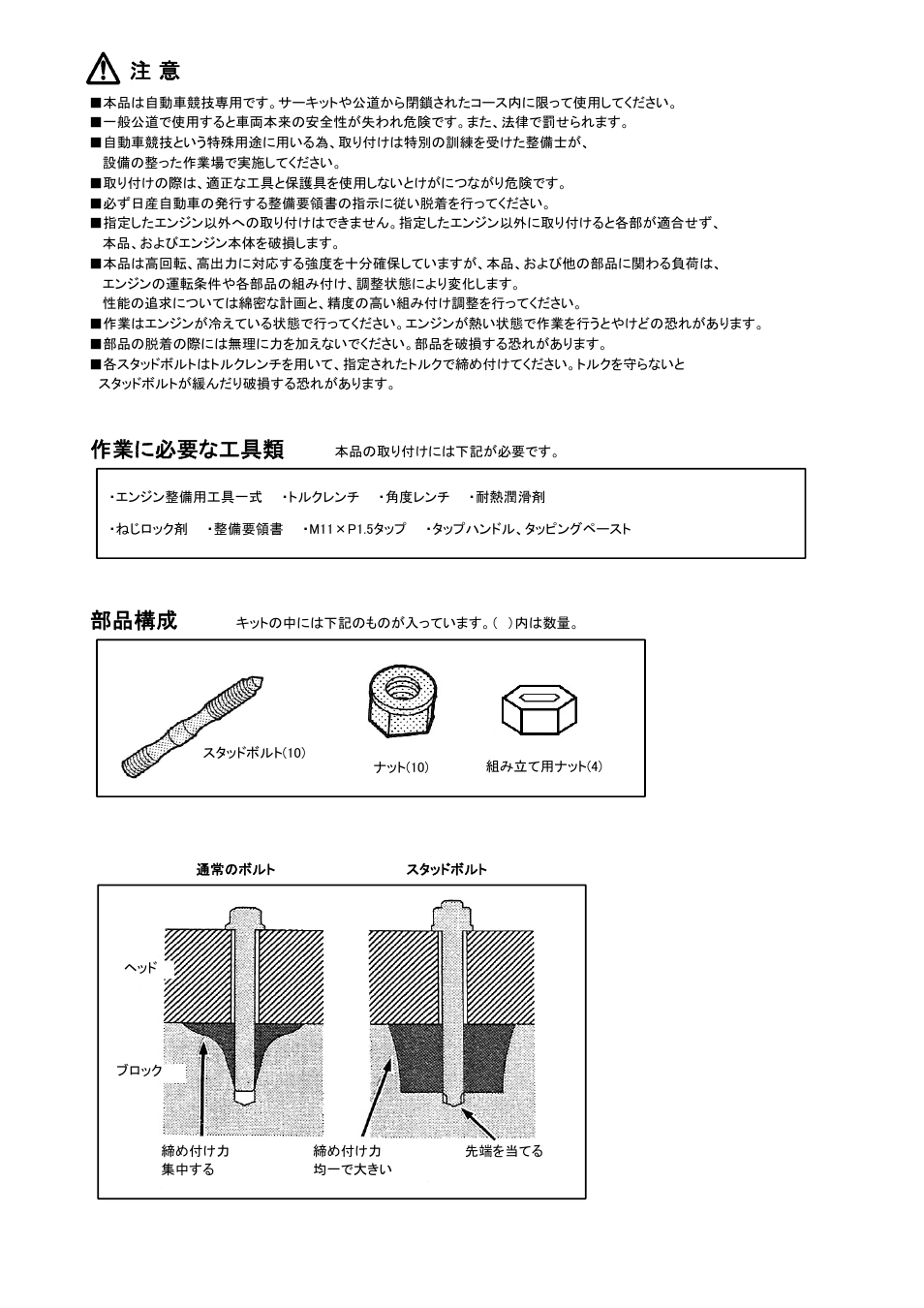 作業に必要な工具類, 部品構成 | Tomei Powered SR20DE(T) MAIN STUD BOLTS User Manual | Page 2 / 8