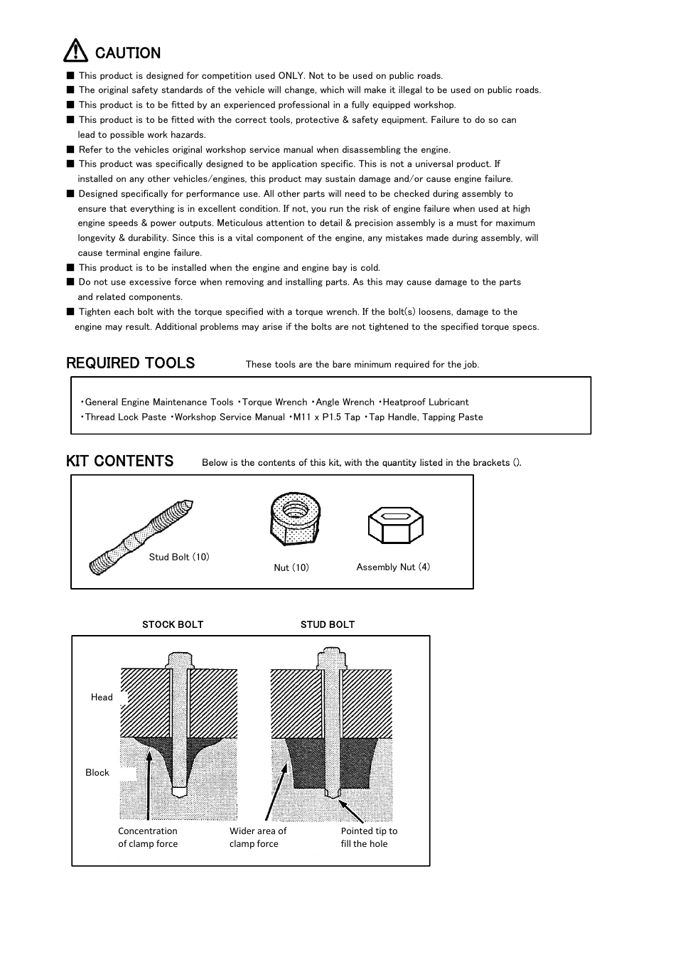 Caution, Required tools, Kit contents | Tomei Powered SR20DE(T) MAIN STUD BOLTS User Manual | Page 5 / 8