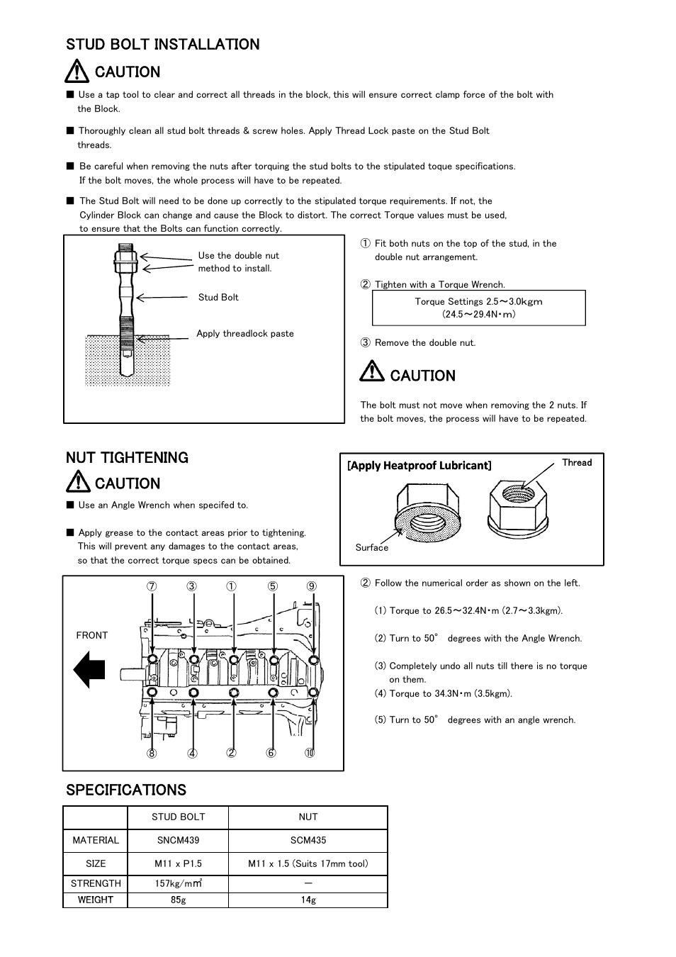 Stud bolt installation caution, Caution, Nut tightening | Specifications | Tomei Powered SR20DE(T) MAIN STUD BOLTS User Manual | Page 7 / 8
