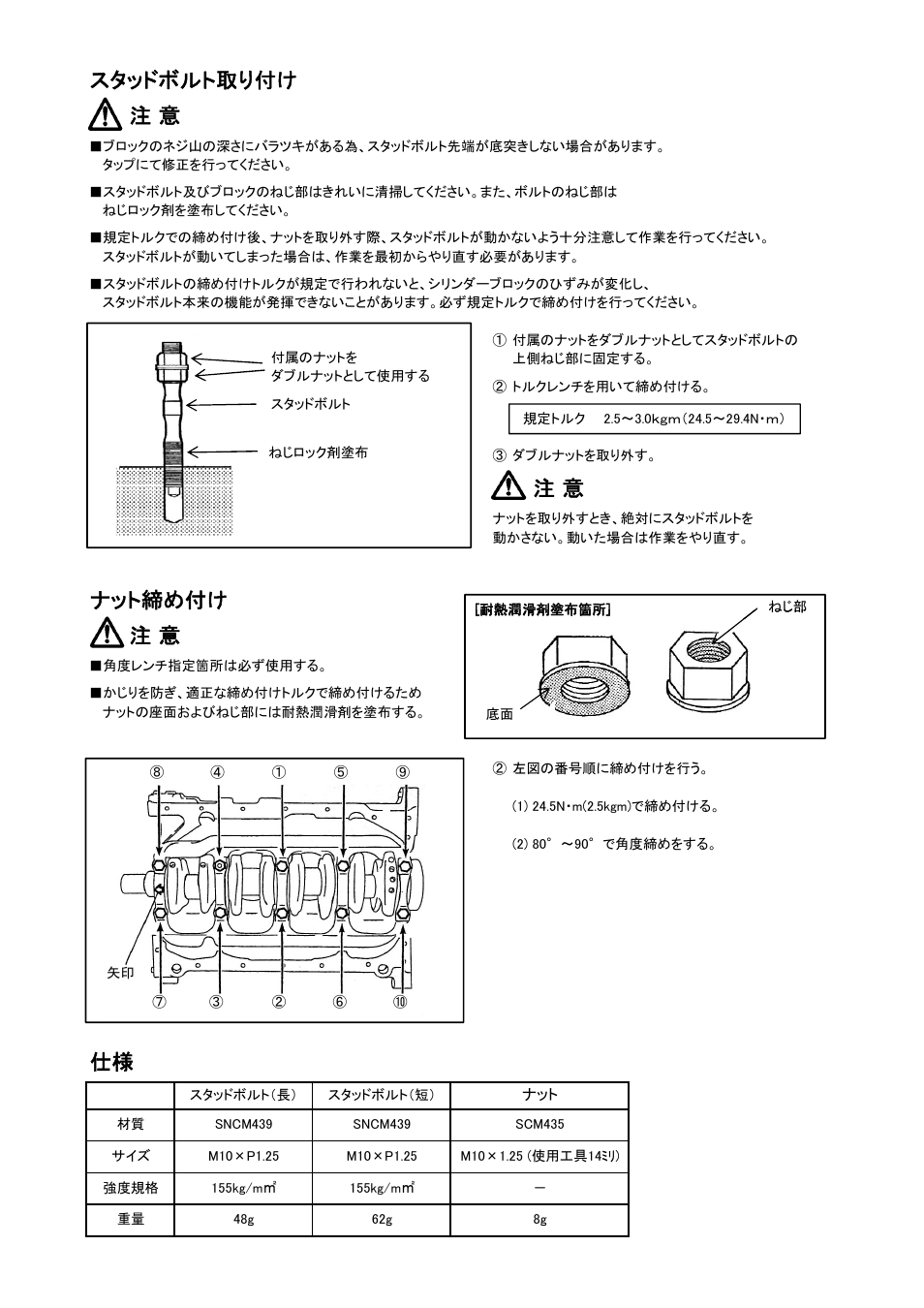 スタッドボルト取り付け 注 意, ナット締め付け 注 意 | Tomei Powered 4G63 MAIN STUD BOLTS User Manual | Page 4 / 8