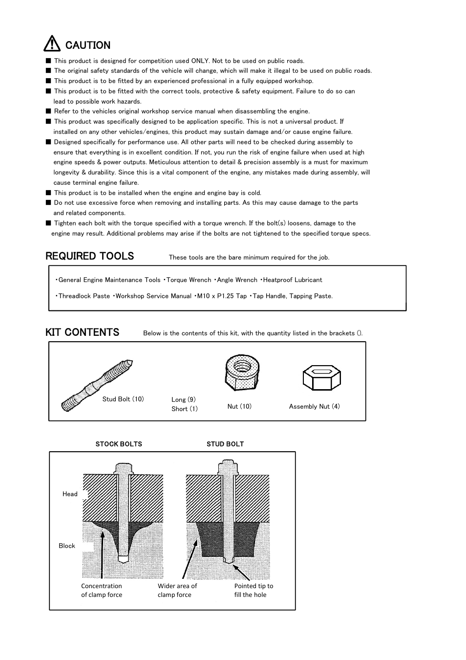 Caution, Required tools, Kit contents | Tomei Powered 4G63 MAIN STUD BOLTS User Manual | Page 5 / 8