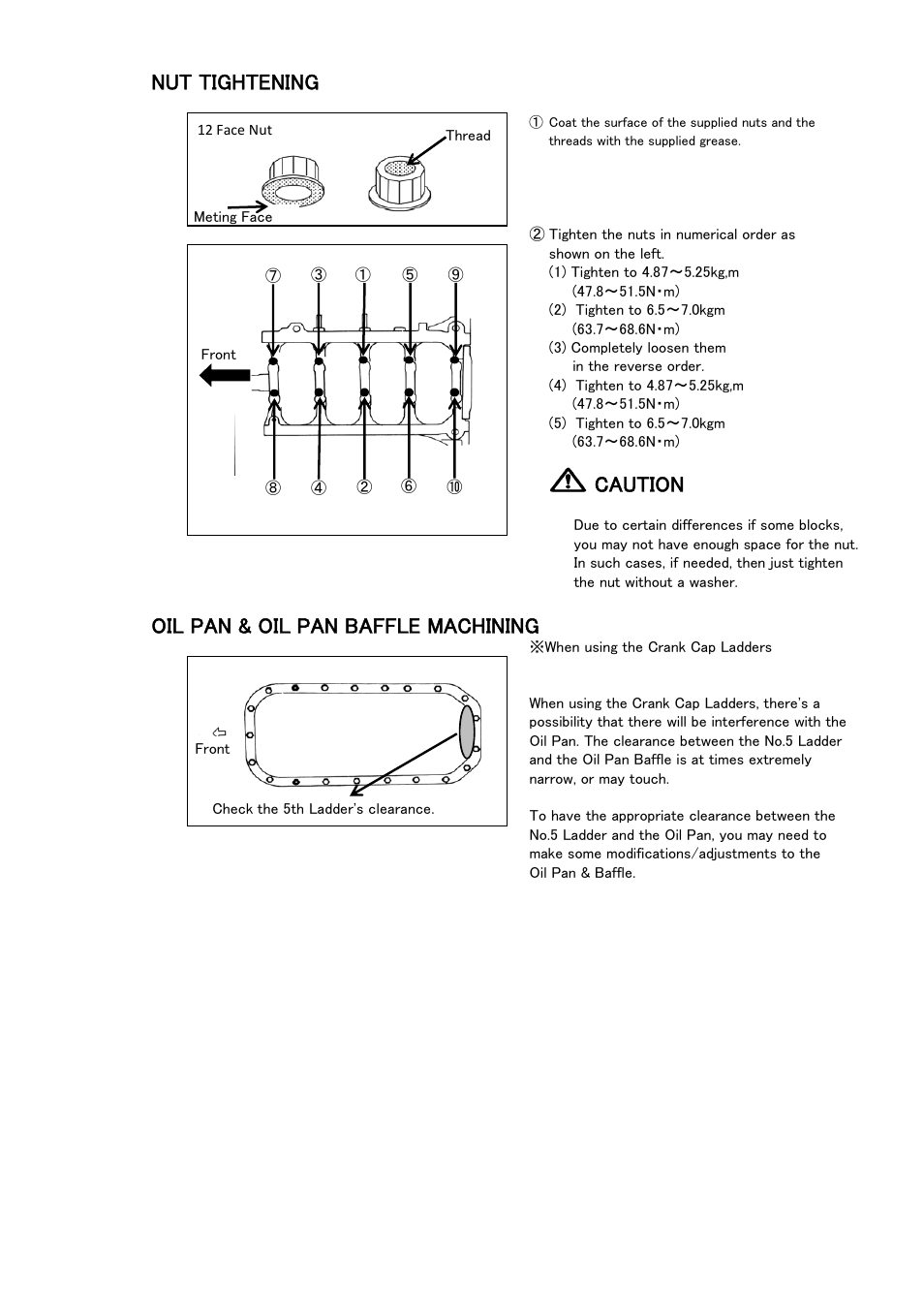 Nut tightening, Caution, Oil pan & oil pan baffle machining | Tomei Powered MAIN STUD LADDER SET User Manual | Page 9 / 12