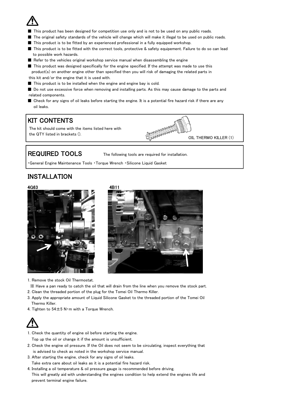 Caution, Kit contents required tools, Installation | Tomei Powered OIL THERMOSTAT KILLER User Manual | Page 3 / 4