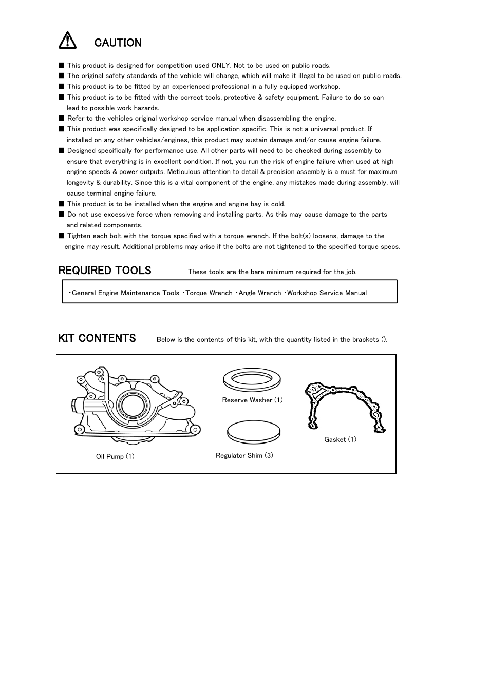 Caution, Required tools, Kit contents | Tomei Powered OVERSIZED OIL PUMP User Manual | Page 5 / 8