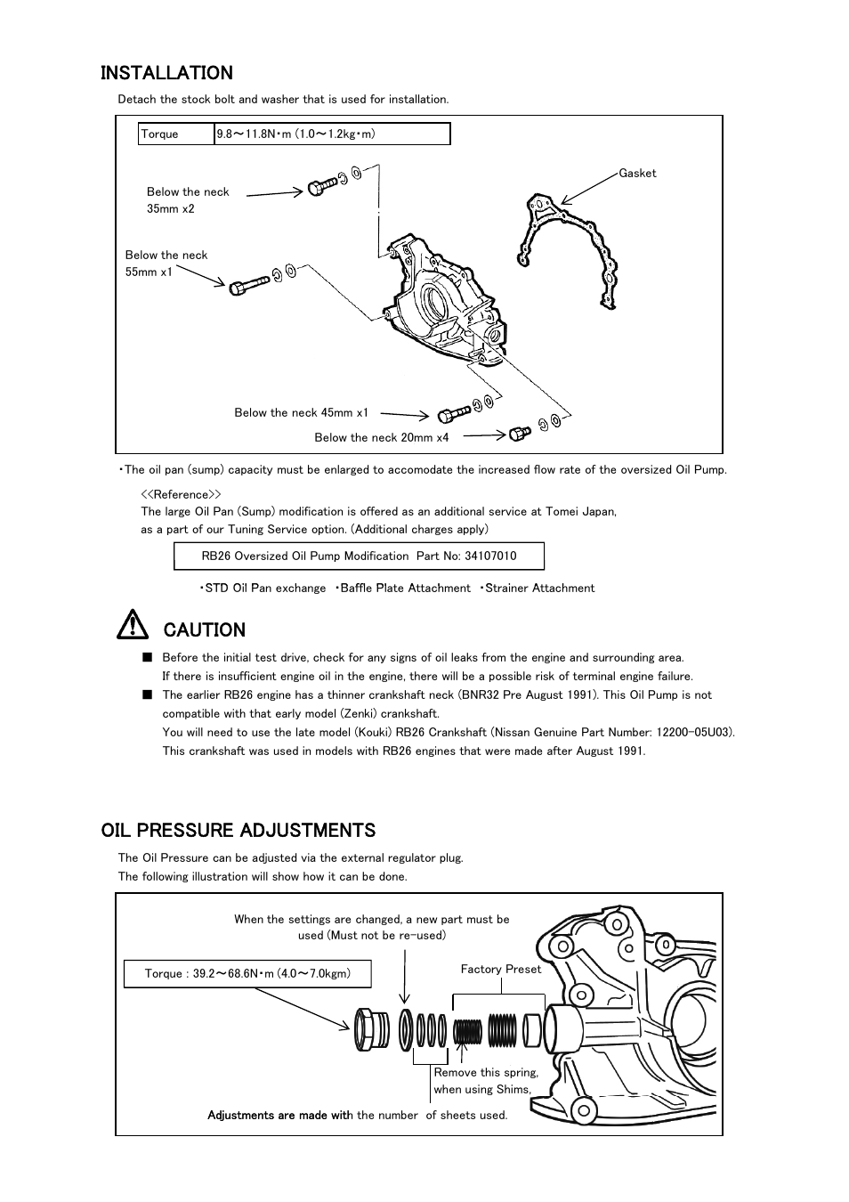 Installation, Caution, Oil pressure adjustments | Tomei Powered OVERSIZED OIL PUMP User Manual | Page 6 / 8