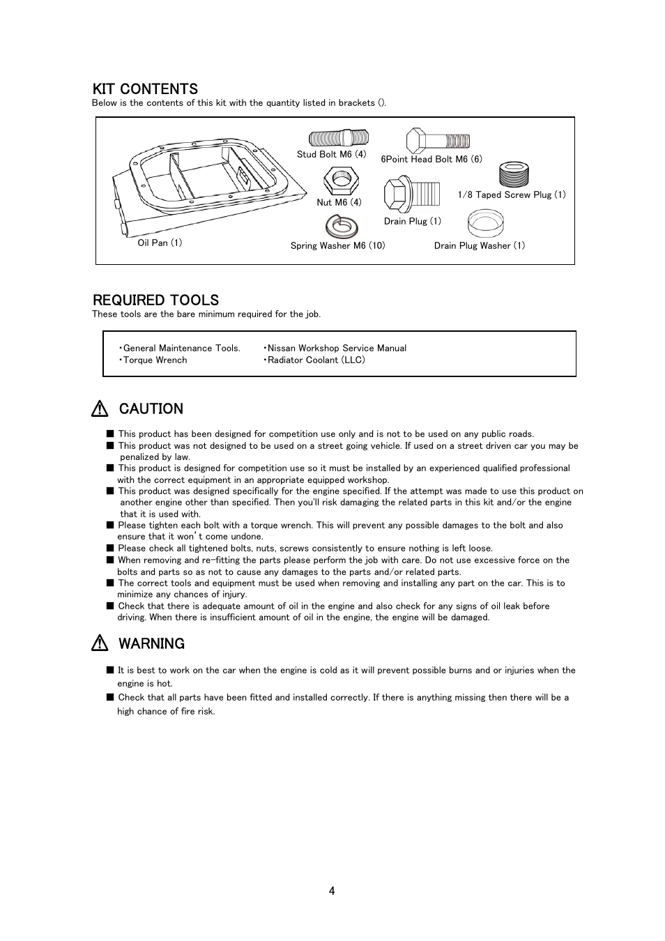 Kit contents, Required tools, Caution | Warning | Tomei Powered OVERSIZED OIL PAN User Manual | Page 4 / 8