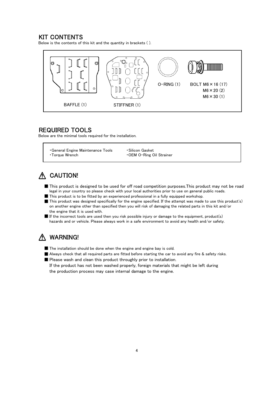 Kit contents, Required tools, Caution | Warning | Tomei Powered BAFFLE STIFFENER User Manual | Page 4 / 8