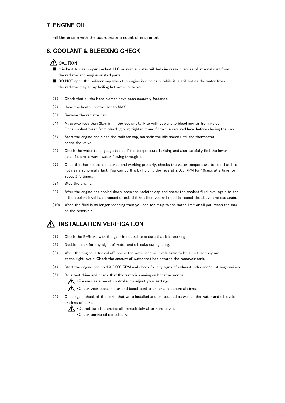 Engine oil, Coolant & bleeding check, Installation verification | Tomei Powered ARMS M7960 User Manual | Page 20 / 24
