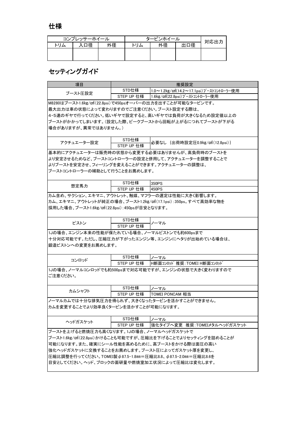 仕様 セッティングガイド | Tomei Powered ARMS M8280 User Manual | Page 13 / 32