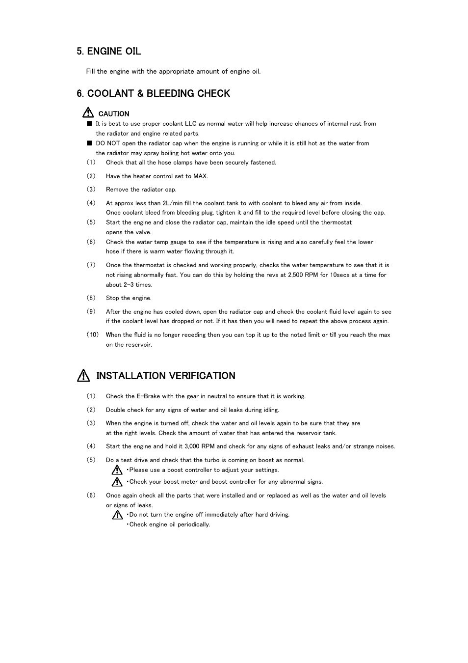 Engine oil, Coolant & bleeding check, Installation verification | Tomei Powered ARMS M8280 User Manual | Page 26 / 32