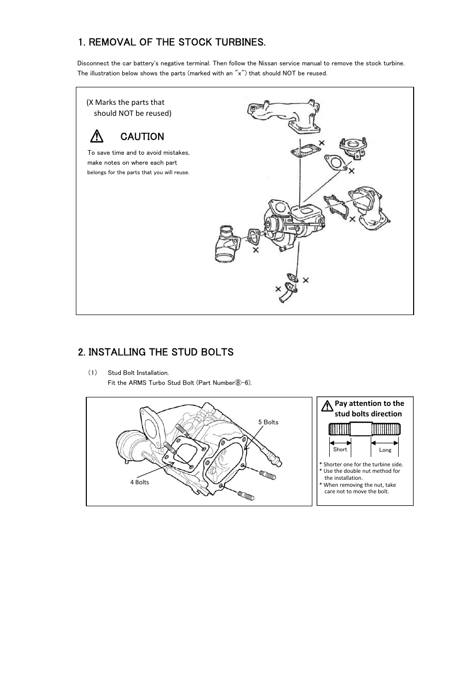 Removal of the stock turbines, Caution, Installing the stud bolts | Tomei Powered ARMS M8260 User Manual | Page 22 / 36