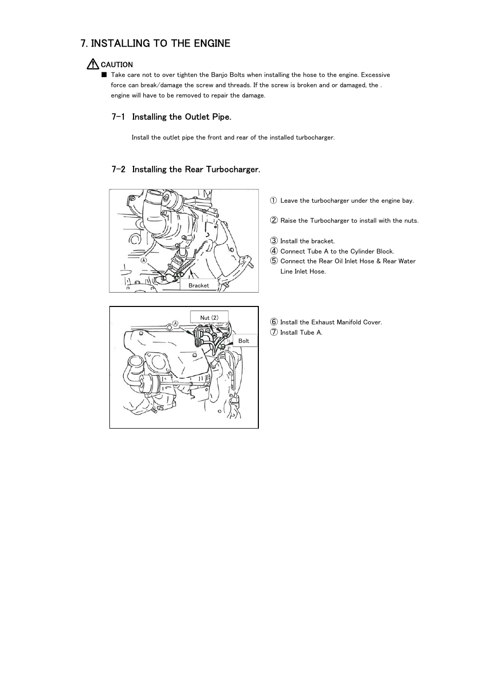 Installing to the engine, 1 installing the outlet pipe, 2 installing the rear turbocharger | Tomei Powered ARMS M8260 User Manual | Page 28 / 36