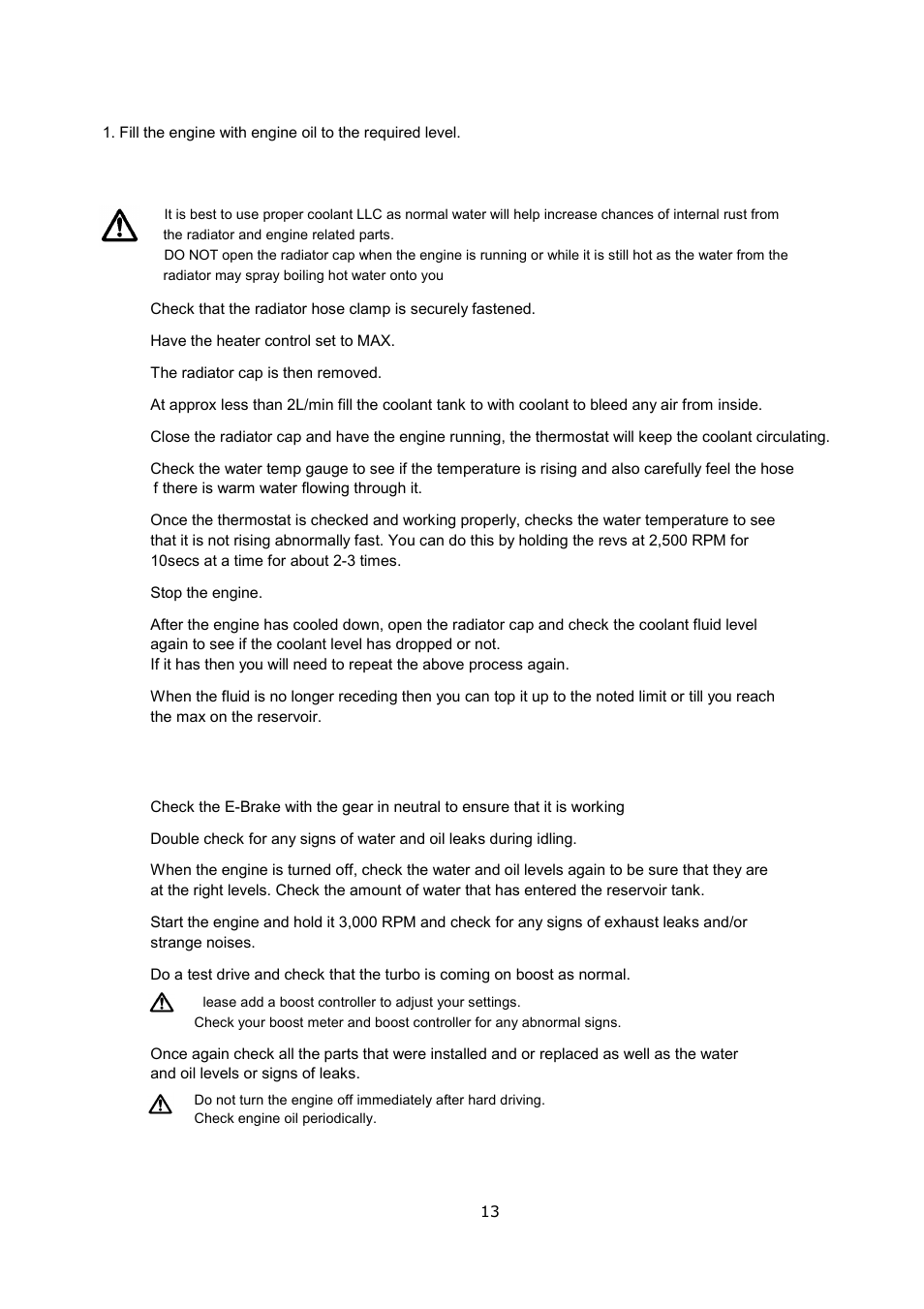 Engine oil, Coolant & bleeding check, Installation verification | Tomei Powered ARMS M7960 User Manual | Page 13 / 16