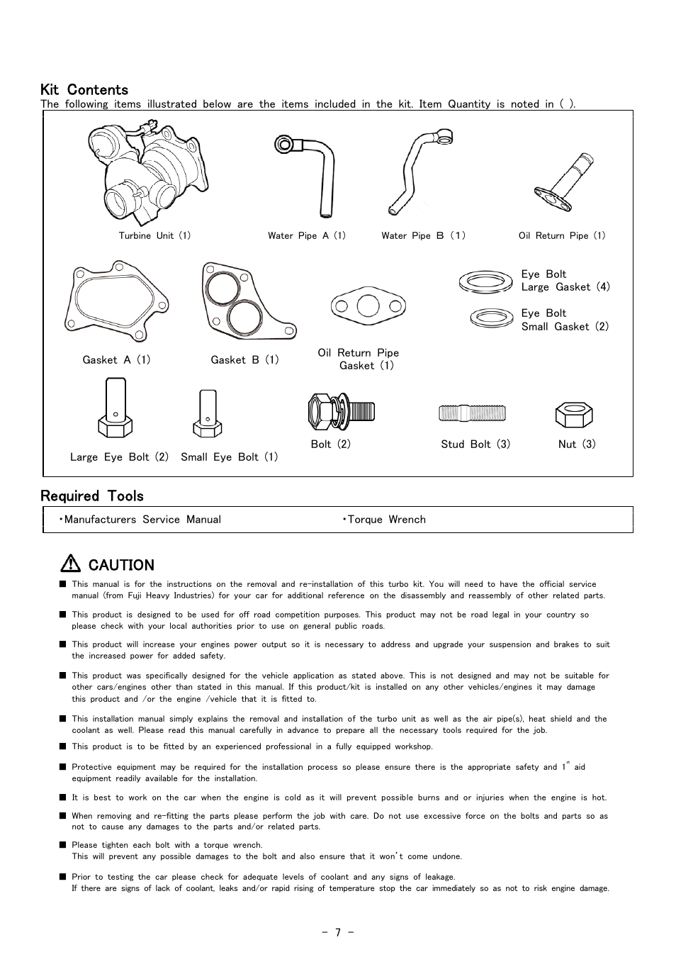 Kit contents, Required tools, Caution | Tomei Powered ARMS M7760 Twin Scroll User Manual | Page 7 / 12