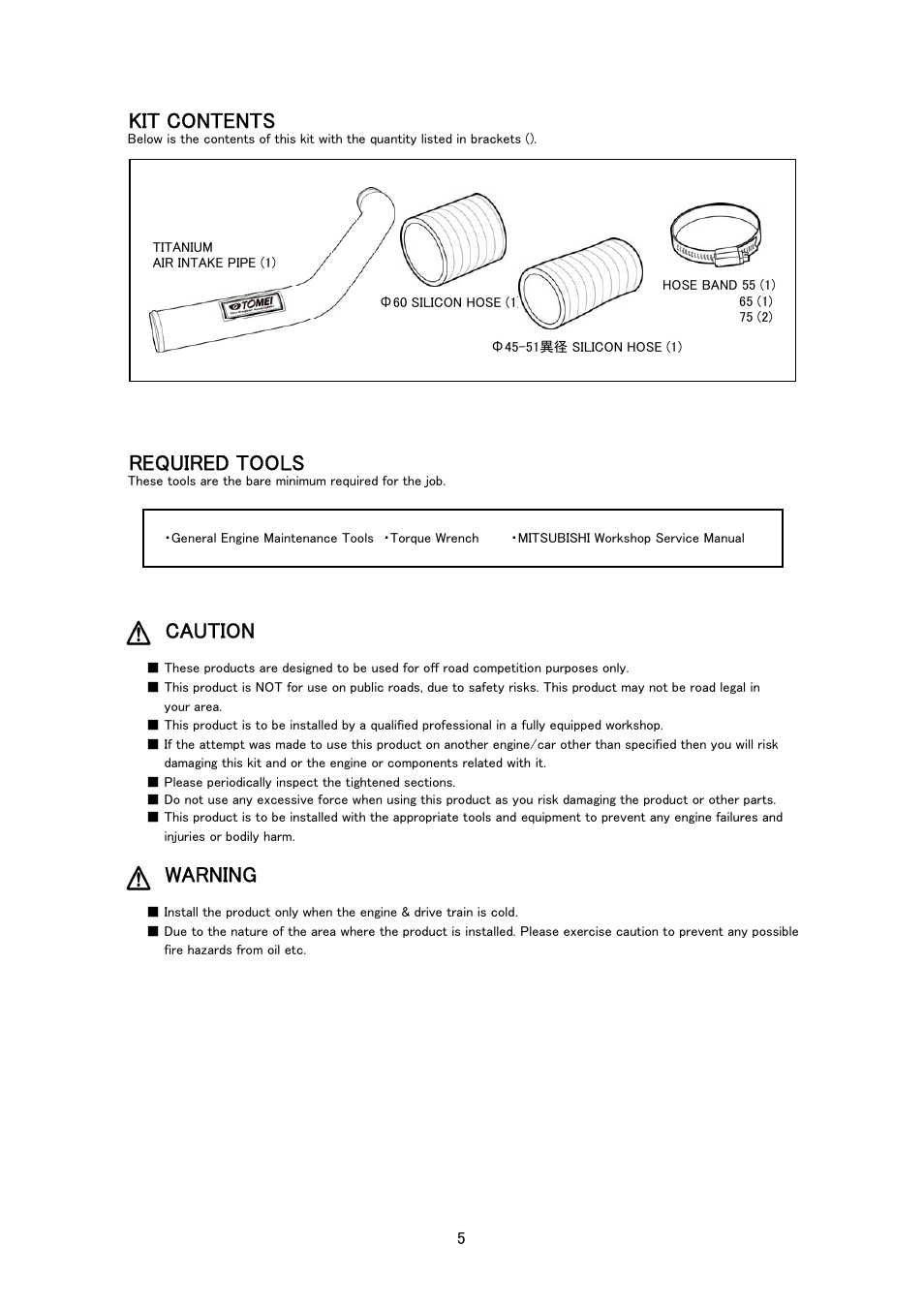 Kit contents, Required tools, Caution | Warning | Tomei Powered TITANIUM AIR INTAKE PIPE User Manual | Page 5 / 8