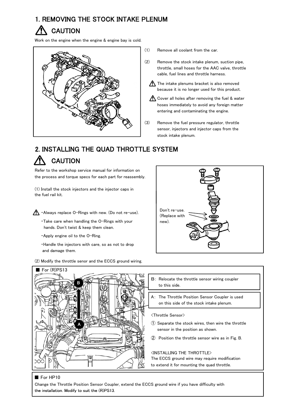 Removing the stock intake plenum caution, Installing the quad throttle system caution | Tomei Powered 4 THROTTLE SYSTEM User Manual | Page 8 / 12