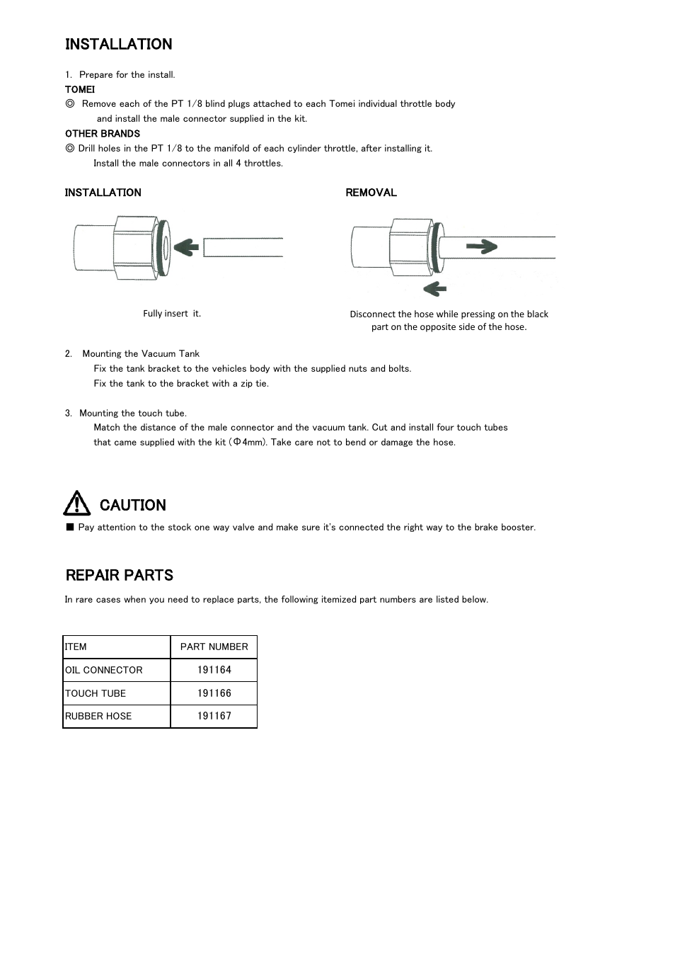 Installation, Caution, Repair parts | Tomei Powered VACUUM TANK User Manual | Page 5 / 8