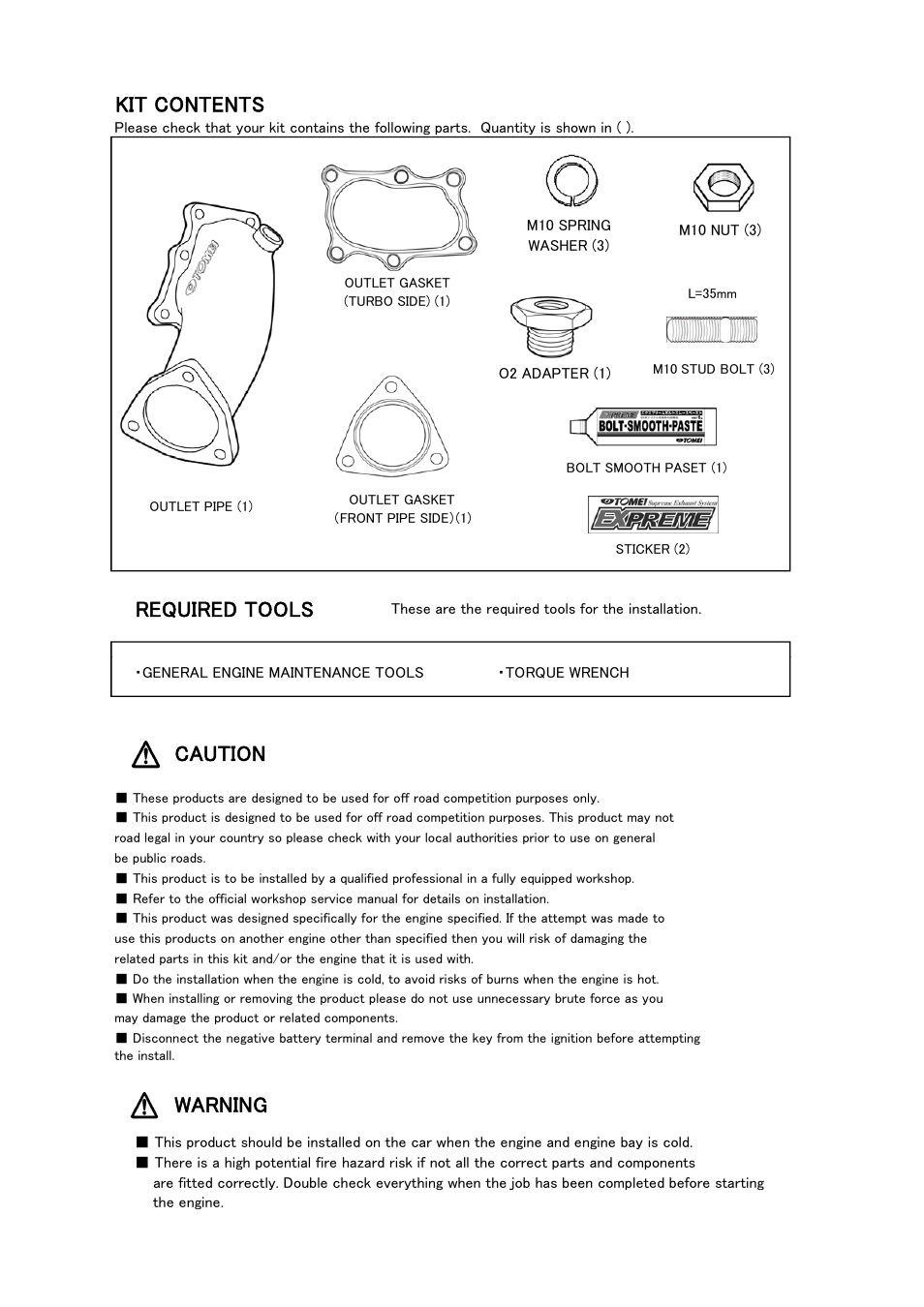 Kit contents, Required tools, Caution | Warning | Tomei Powered TURBO OUTLET (DOWN PIPES) User Manual | Page 5 / 8