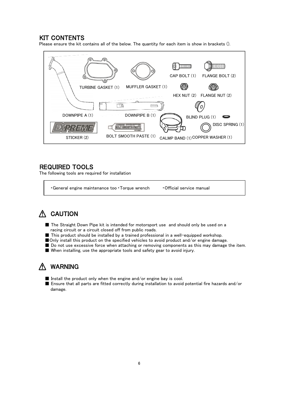 Kit contents, Required tools, Caution | Warning | Tomei Powered STRAIGHT DOWN PIPE for WRX STI USDM User Manual | Page 6 / 12