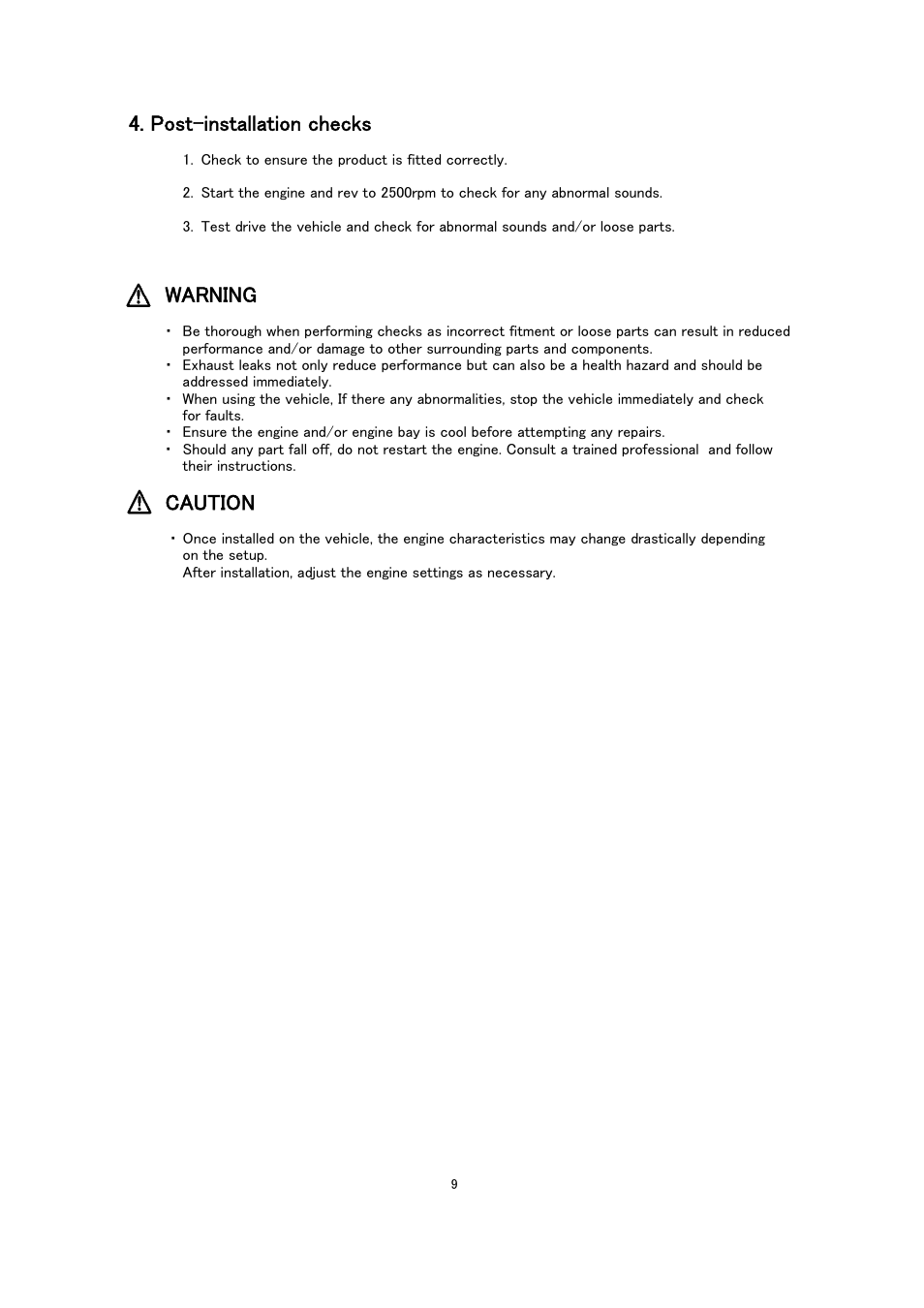 Post-installation checks, Warning, Caution | Tomei Powered STRAIGHT DOWN PIPE for WRX STI USDM User Manual | Page 9 / 12