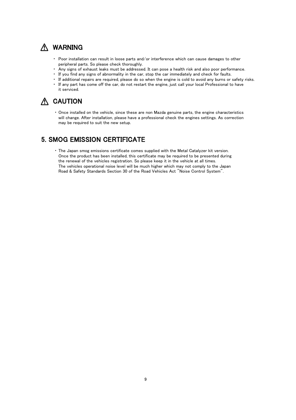 Warning, Caution, Smog emission certificate | Tomei Powered EXHAUST SYSTEM User Manual | Page 9 / 12