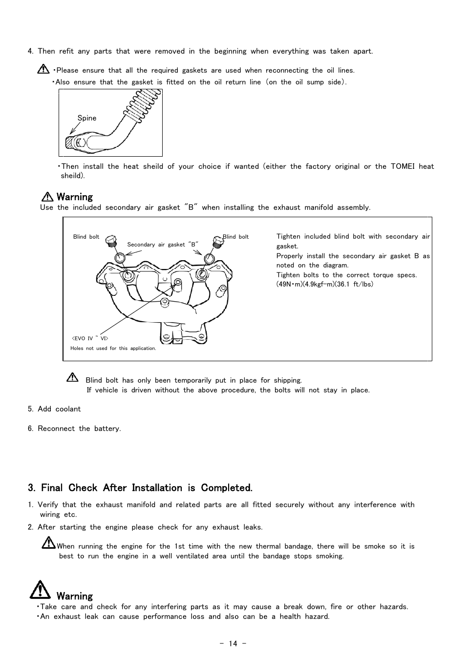 Warning, Final check after installation is completed | Tomei Powered EXHAUST MANIFOLD User Manual | Page 14 / 16