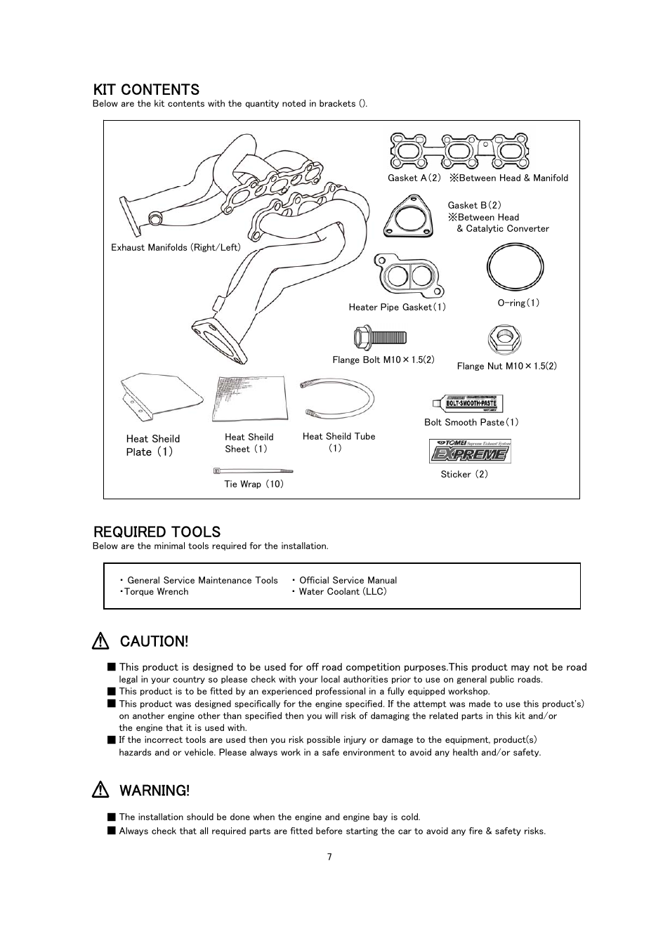 Kit contents, Required tools, Caution | Warning | Tomei Powered EXHAUST MANIFOLD Ver.2 User Manual | Page 7 / 12