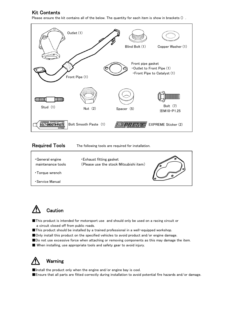 Kit contents, Required tools, Caution | Warning | Tomei Powered OUTLET COMPONENT EVO.7/8/9 Ver.2 User Manual | Page 5 / 8