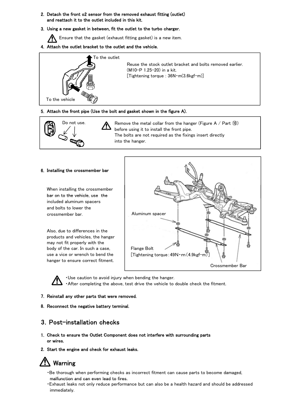 3．post-installation checks, Warning | Tomei Powered OUTLET COMPONENT EVO.7/8/9 Ver.2 User Manual | Page 7 / 8