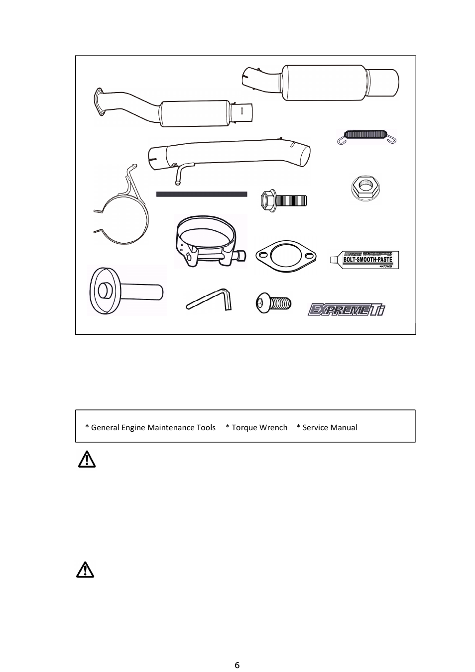 Kit contents, Required tools, Caution | Warning | Tomei Powered TITANIUM MUFFLER User Manual | Page 6 / 12
