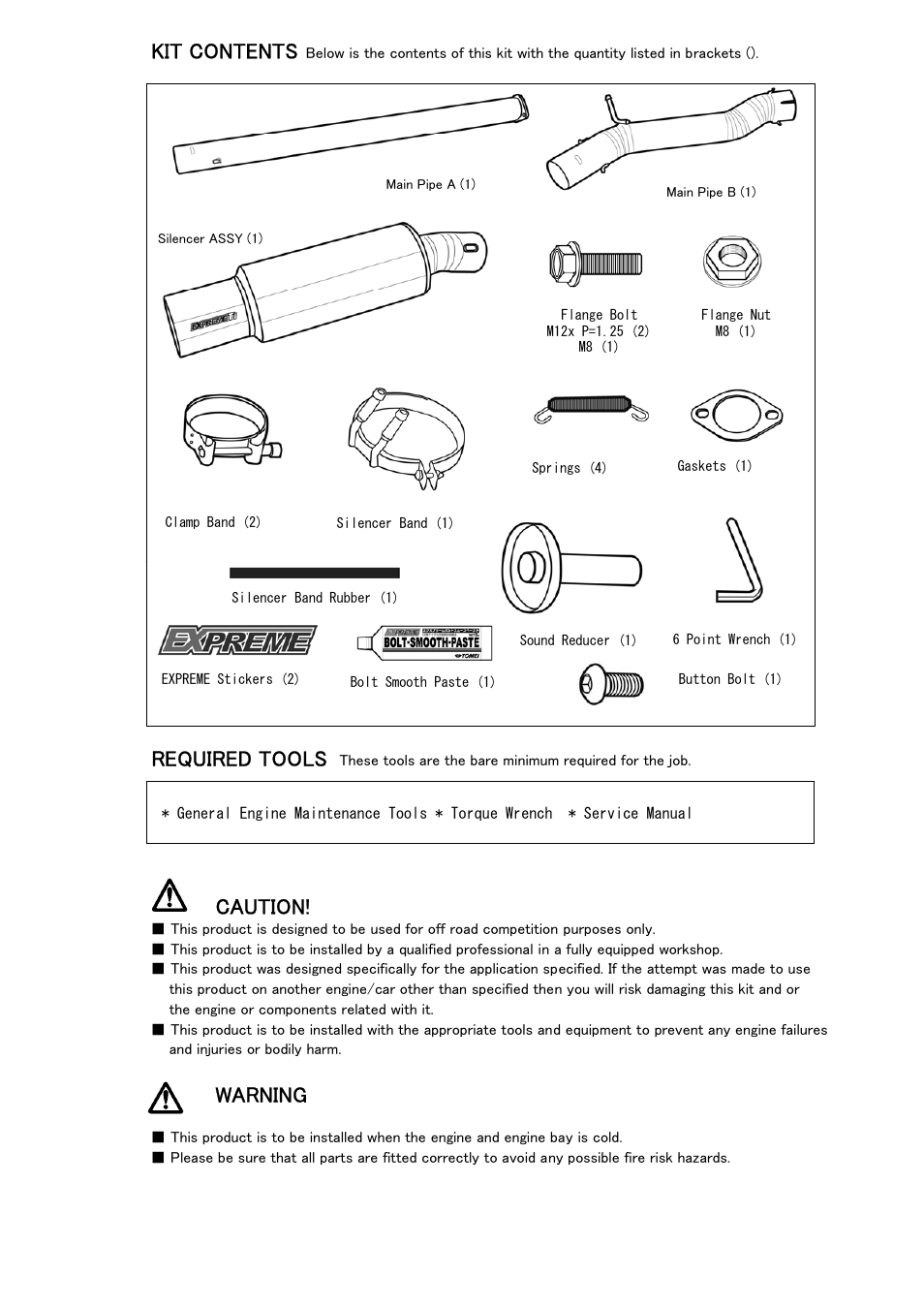 Kit contents, Required tools, Caution | Warning | Tomei Powered TITANIUM MUFFLER User Manual | Page 5 / 8