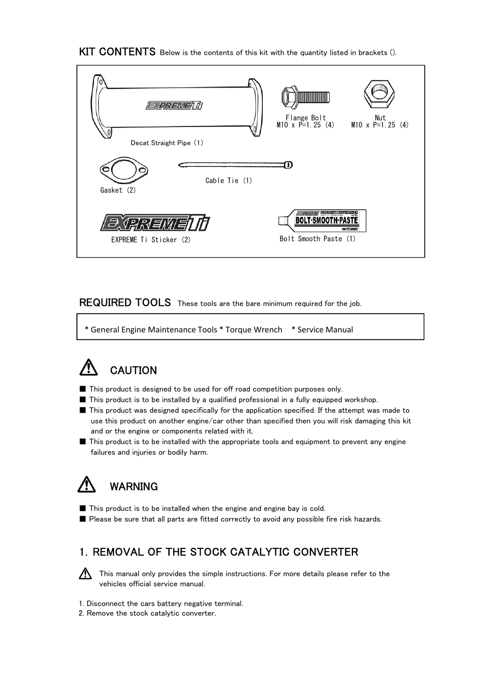 Kit contents, Required tools, Caution | Warning, 1．removal of the stock catalytic converter | Tomei Powered TITANIUM CAT STRAIGHT PIPE NISSAN TYPE-A User Manual | Page 5 / 8