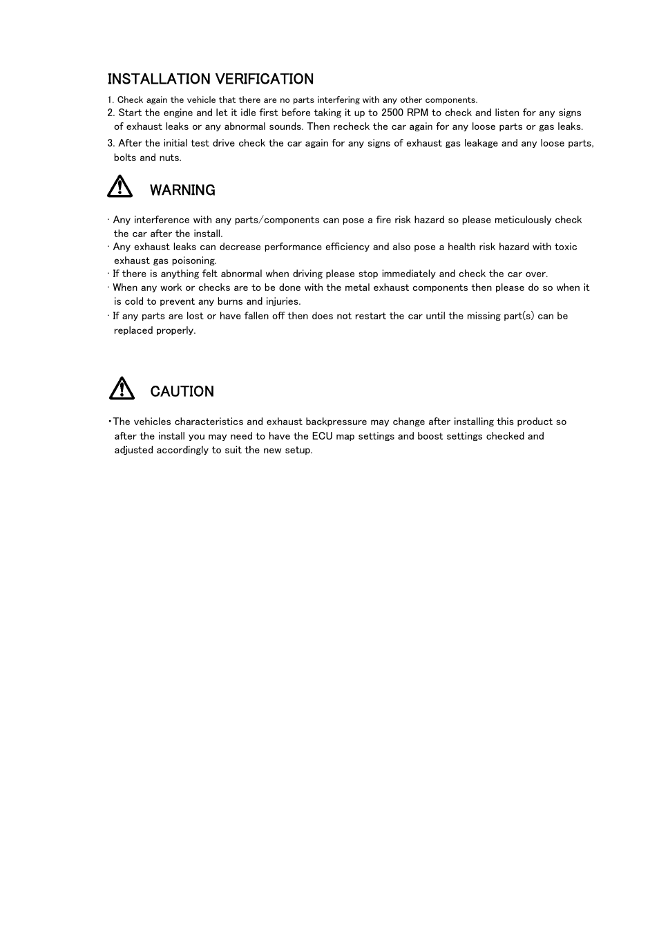 Installation verification, Warning, Caution | Tomei Powered TITANIUM CAT STRAIGHT PIPE NISSAN TYPE-A User Manual | Page 7 / 8