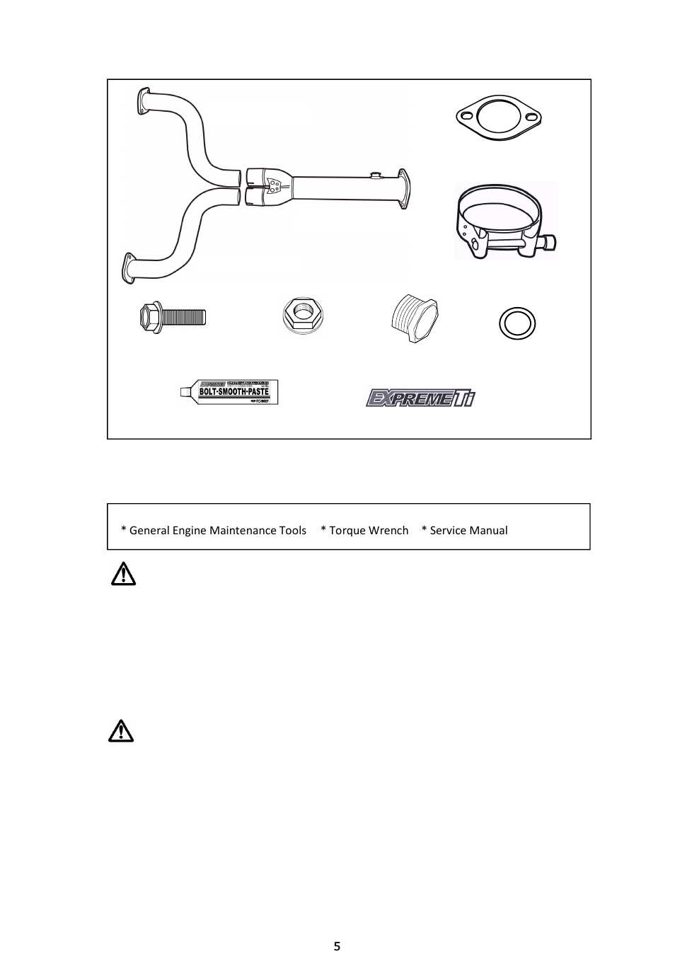 Kit contents, Required tools, Caution | Warning | Tomei Powered TITANIUM MID Y PIPE User Manual | Page 5 / 8