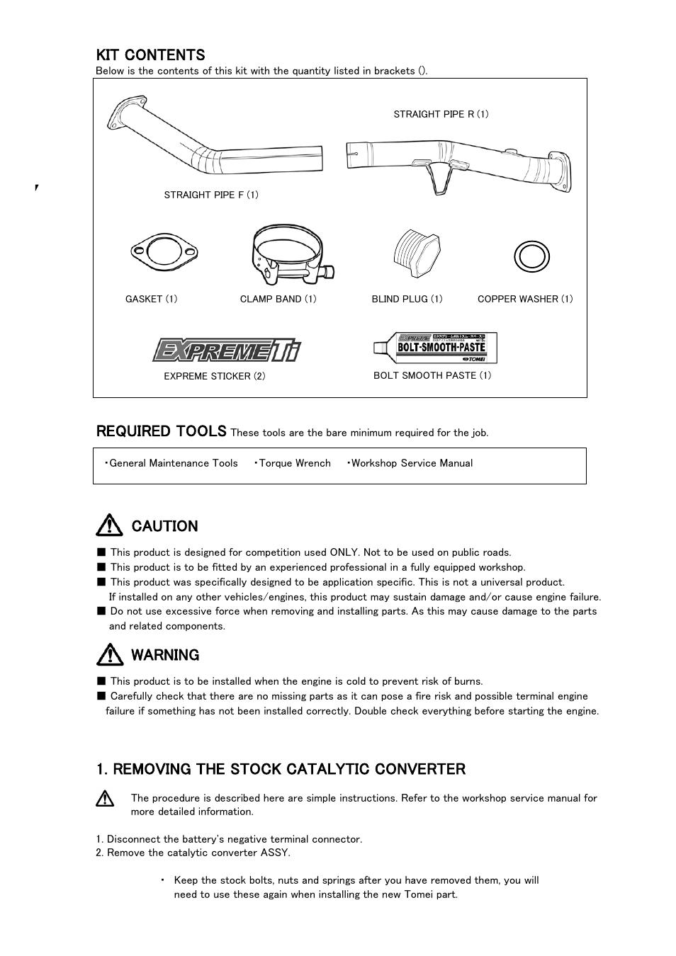 Kit contents, Required tools, Caution | Warning, Removing the stock catalytic converter | Tomei Powered TITANIUM CAT STRAIGHT PIPE User Manual | Page 5 / 8