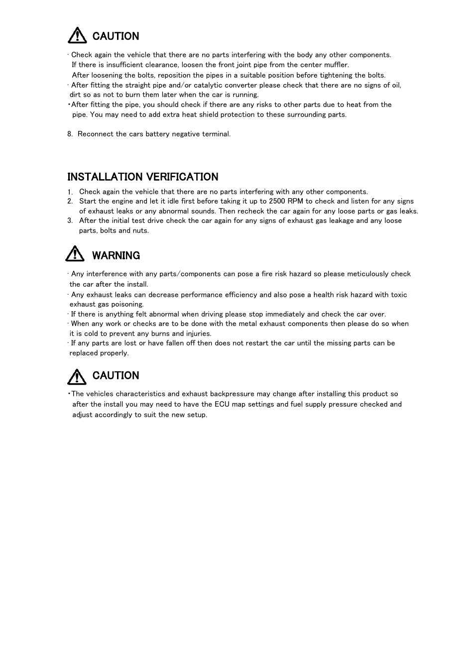 Caution, Installation verification, Warning | Tomei Powered TITANIUM CAT STRAIGHT PIPE User Manual | Page 7 / 8