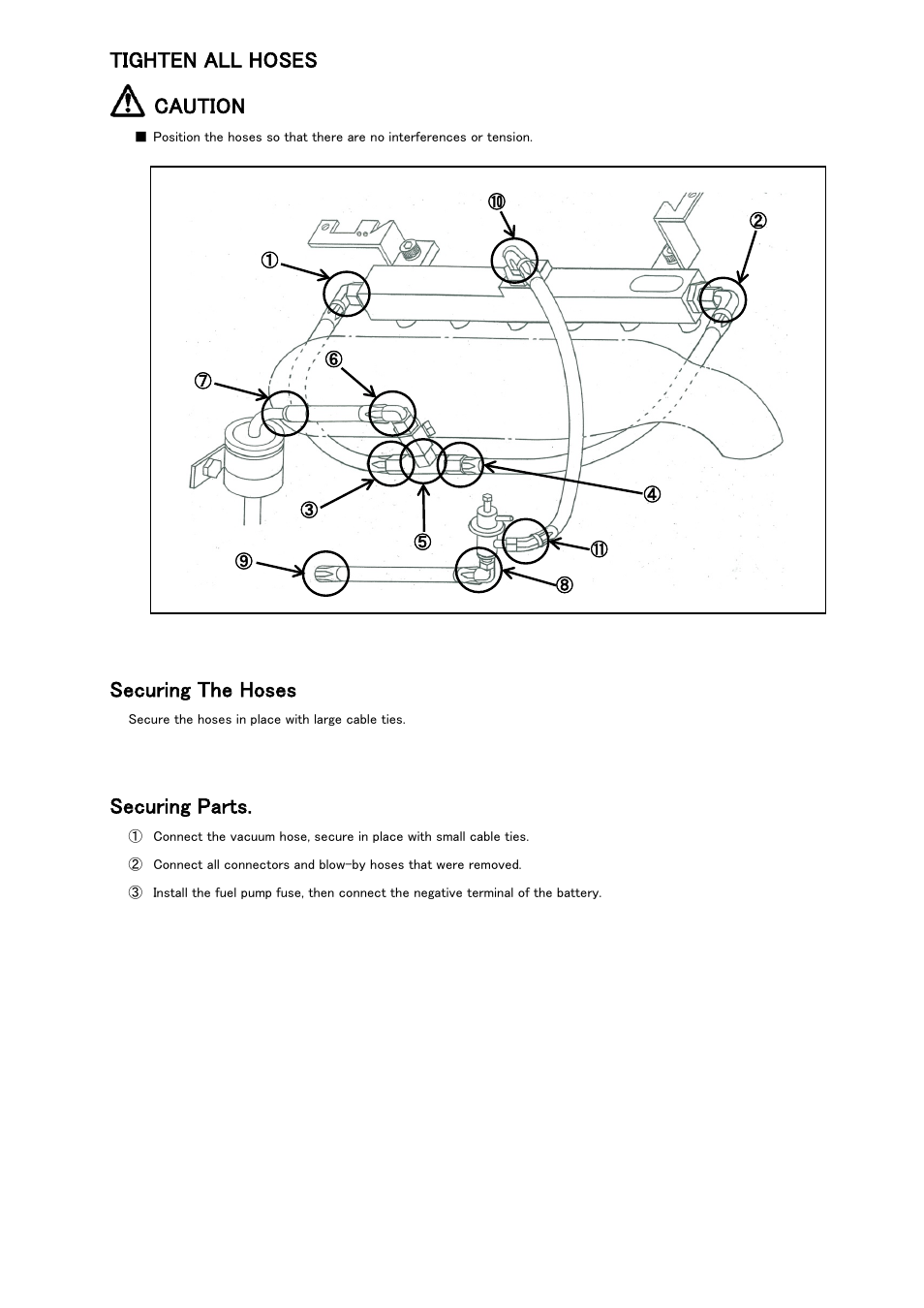 Tighten all hoses caution, Securing the hoses, Securing parts | Tomei Powered FUEL RAIL User Manual | Page 21 / 24