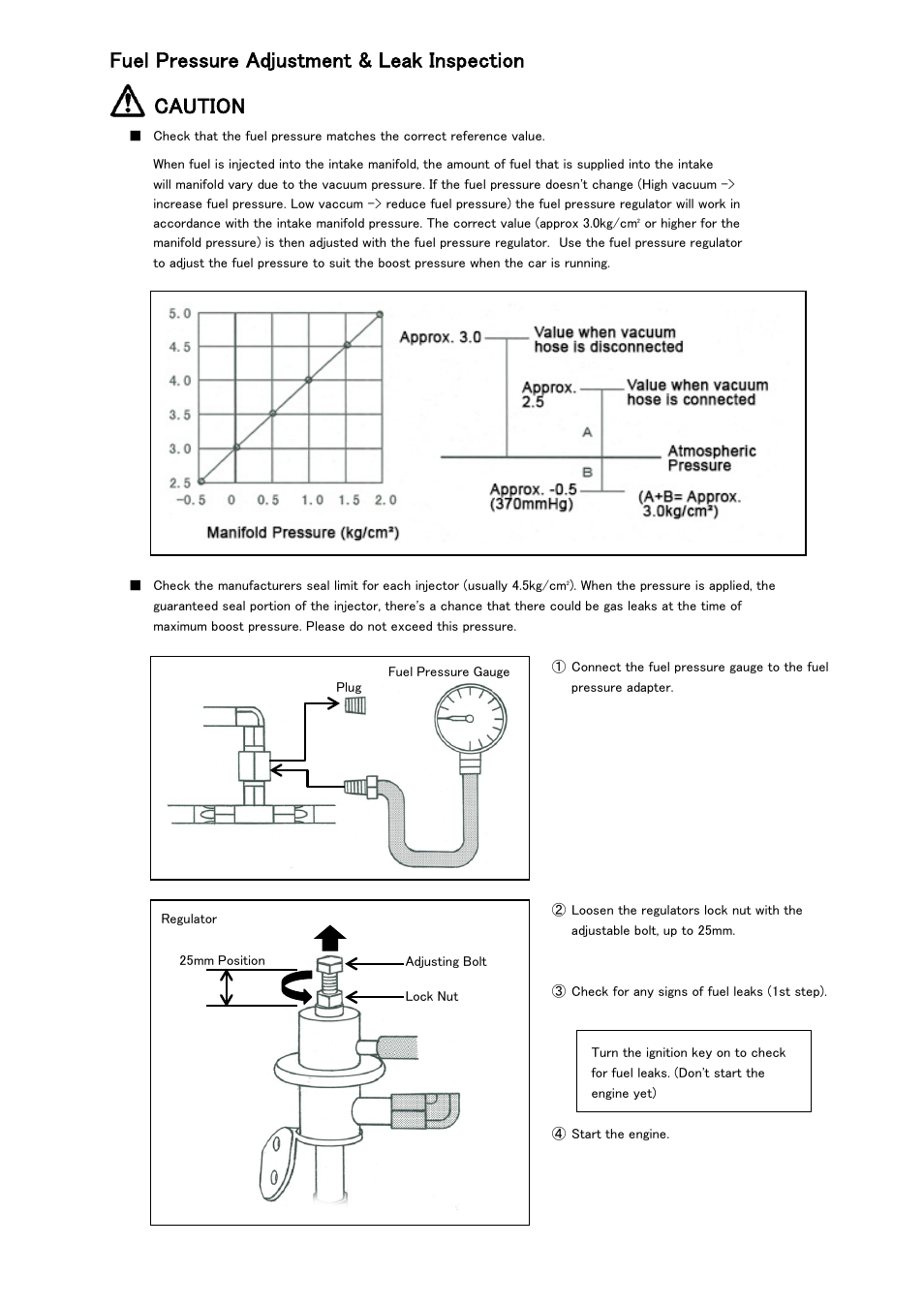 Fuel pressure adjustment & leak inspection caution | Tomei Powered FUEL RAIL User Manual | Page 22 / 24