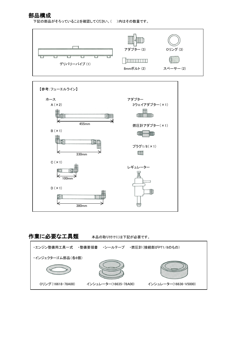 部品構成, 作業に必要な工具類 | Tomei Powered FUEL RAIL User Manual | Page 3 / 24