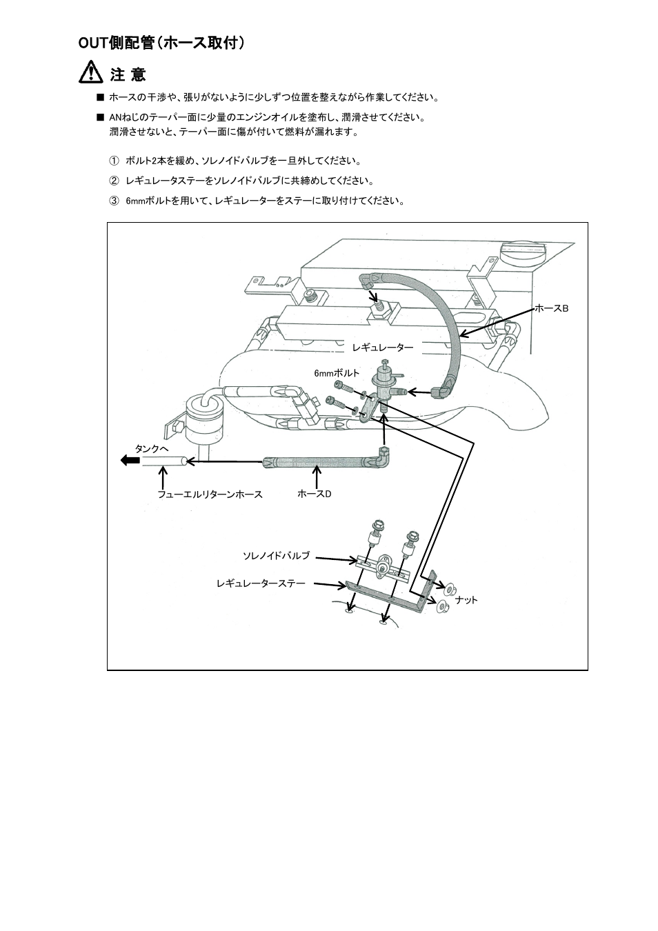 Out側配管（ホース取付） 注 意 | Tomei Powered FUEL RAIL User Manual | Page 9 / 24