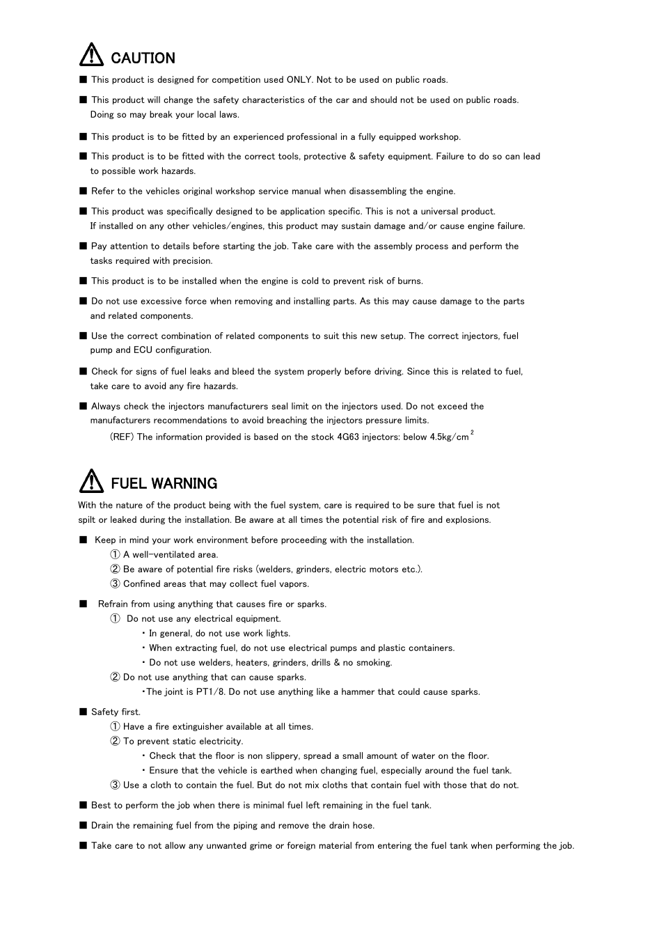 Caution, Fuel warning | Tomei Powered FUEL RAIL User Manual | Page 8 / 16