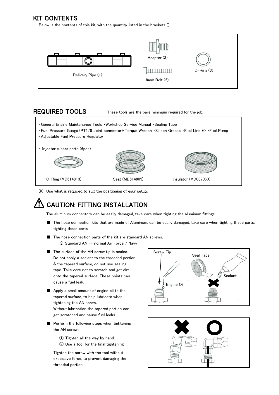 Kit contents, Required tools, Caution: fitting installation | Tomei Powered FUEL RAIL User Manual | Page 9 / 16