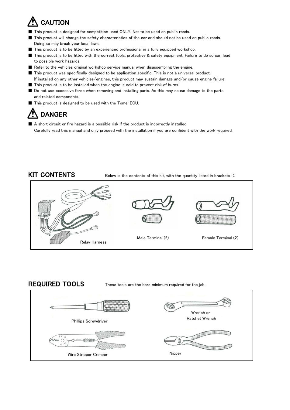 Caution, Danger, Kit contents | Required tools | Tomei Powered FUEL PUMP RELAY HARNESS User Manual | Page 5 / 8