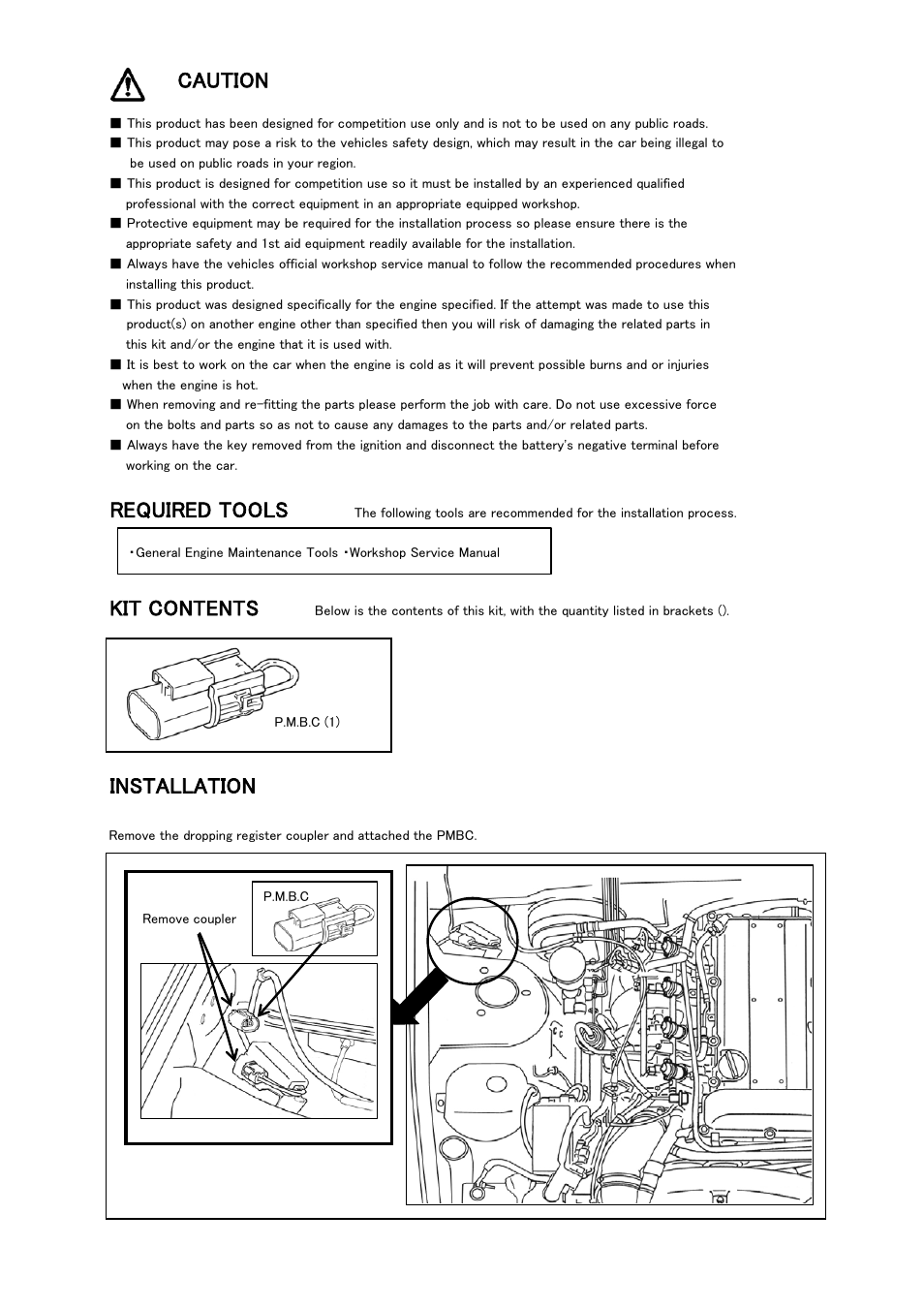 Caution, Required tools, Kit contents | Installation | Tomei Powered P.M.B.C User Manual | Page 3 / 4