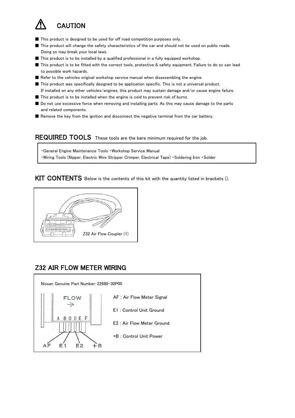 Caution, Required tools, Kit contents | Z32 air flow meter wiring | Tomei Powered Z32 AIR FLOW COUPLER User Manual | Page 5 / 8