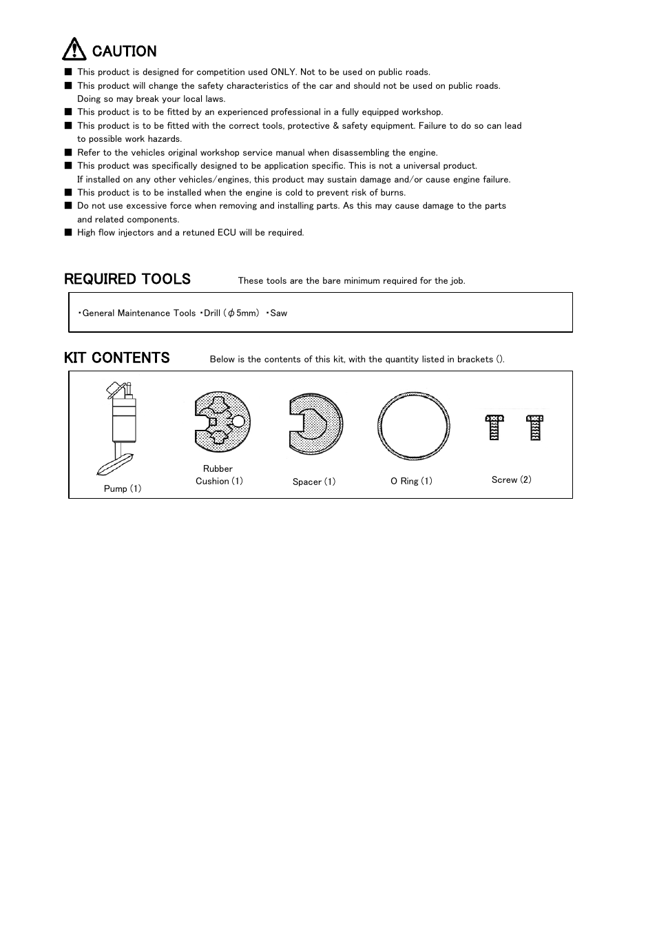 Caution, Required tools, Kit contents | Tomei Powered OVERSIZED FUEL PUMP (For PS13 Models) User Manual | Page 6 / 12
